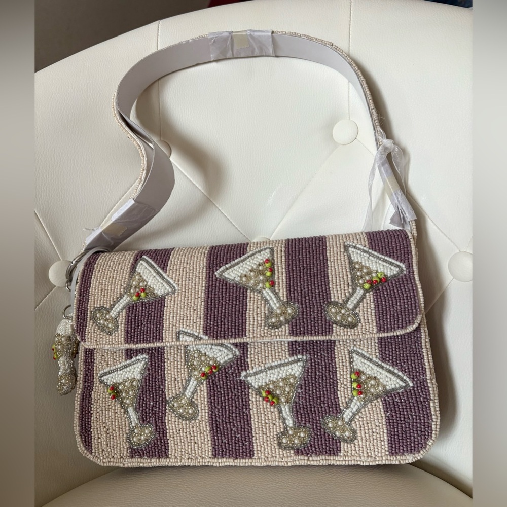Martini Olives India Beaded Striped Purple Cream Shoulder Bag NWT Tik Tok Viral